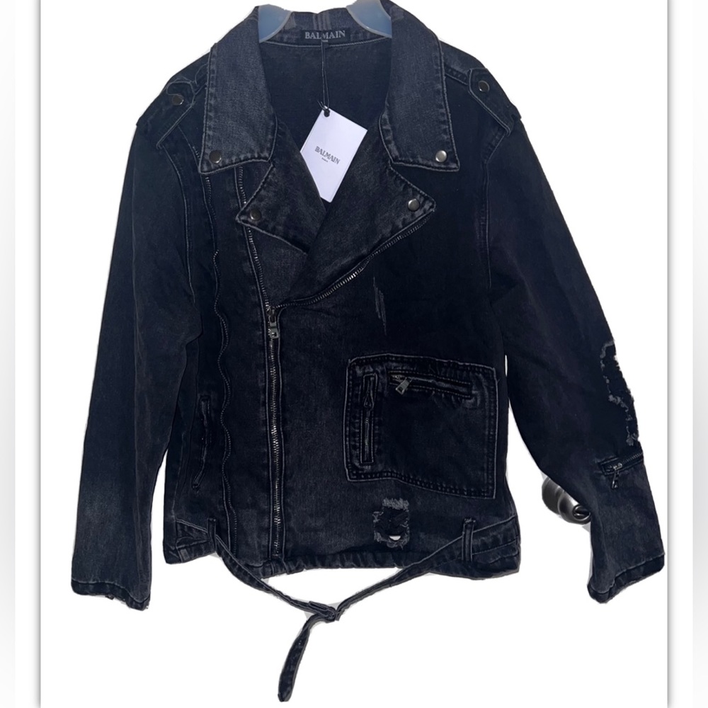 BALMAIN Double Zipper Mens Denim Moto Jacket - Black/Gray